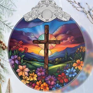 Cross Spring Flower Stained Glass Ornament - Ornament -Sun Catcher-Christmas